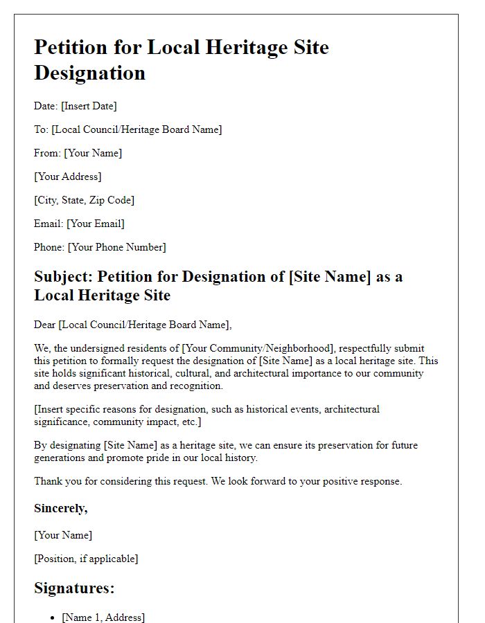 Letter template of petition for local heritage site designation