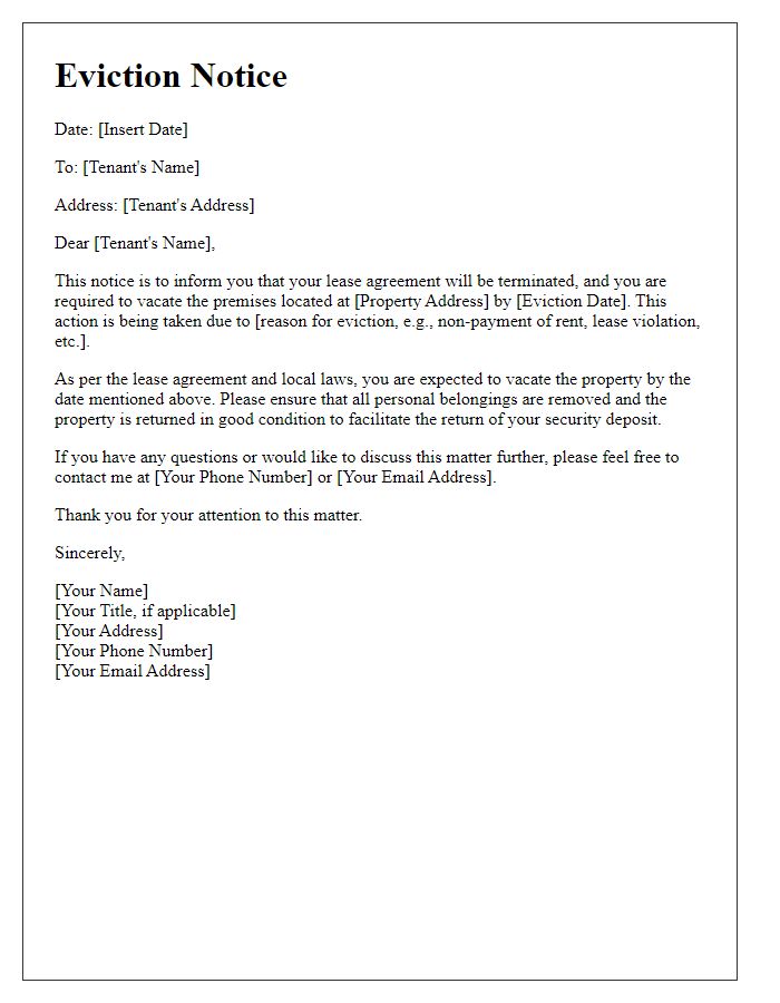 Letter template of tenant eviction notice.