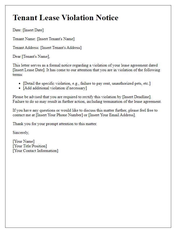 Letter template of tenant lease violation notice.