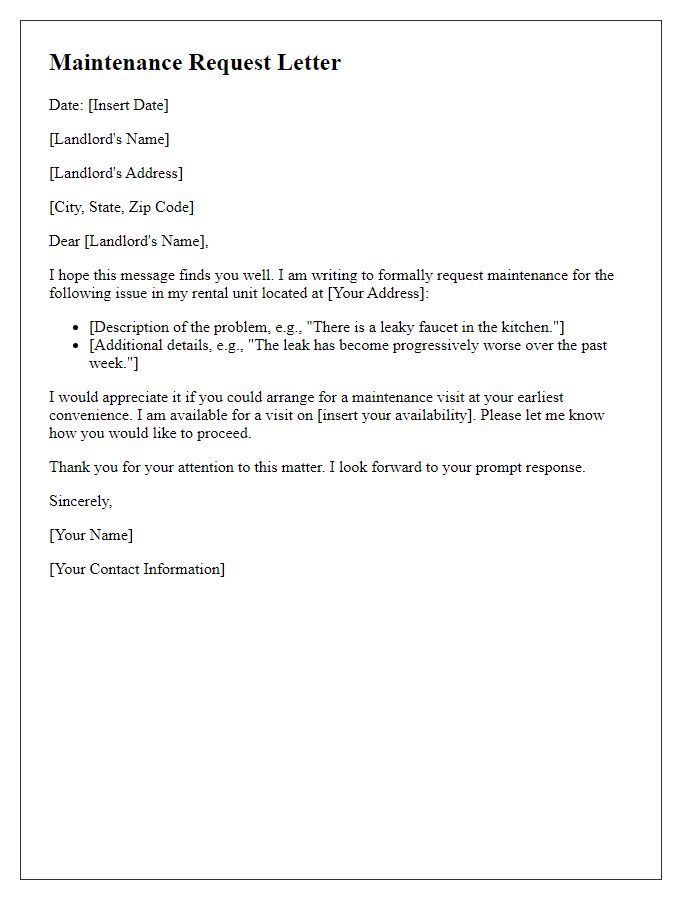 Letter template of tenant maintenance request.