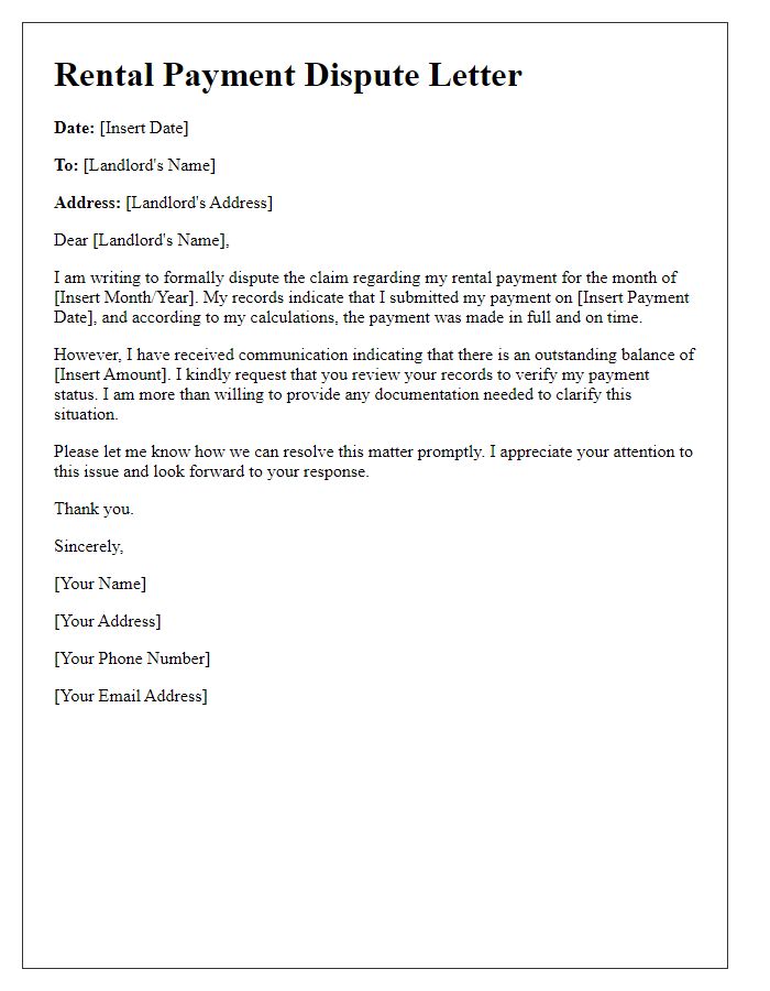 Letter template of tenant rental payment dispute.