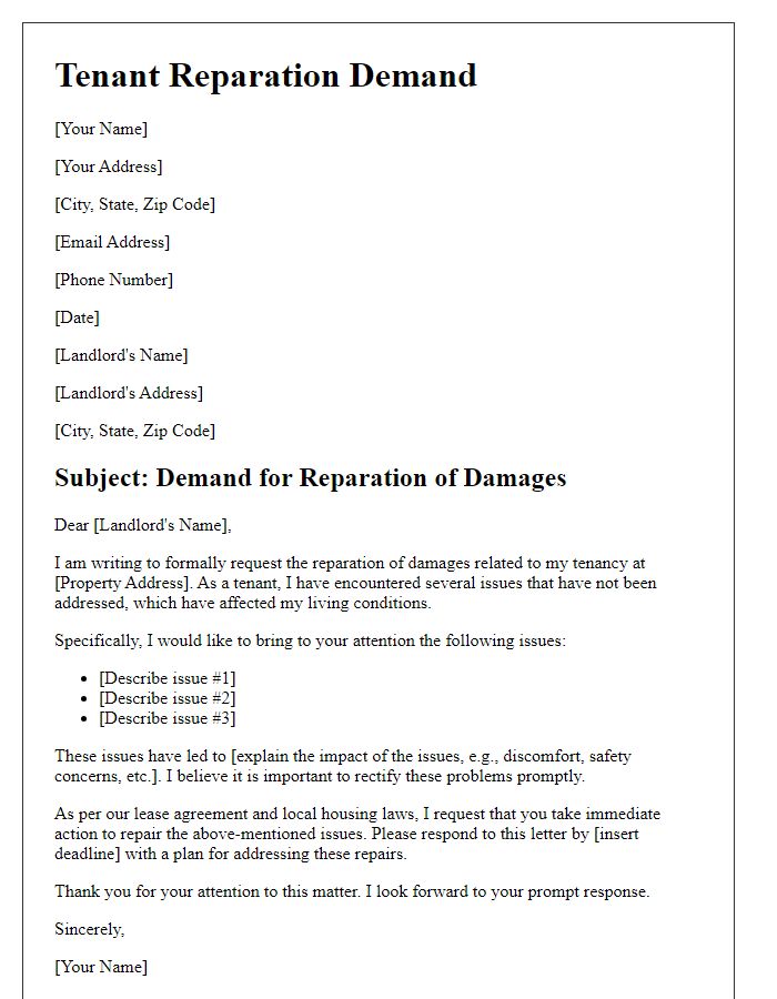 Letter template of tenant reparation demand.