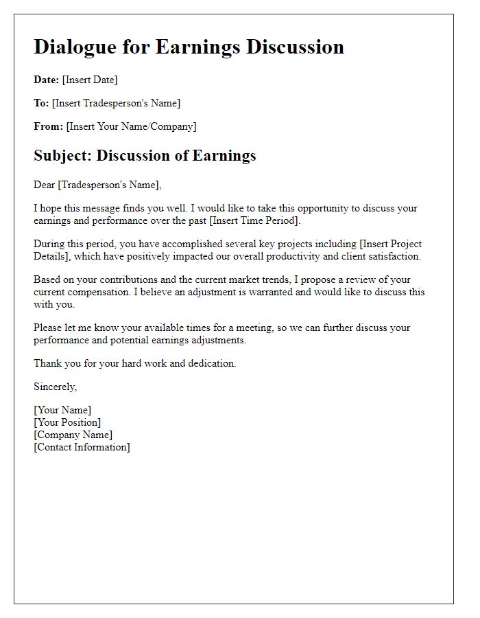 Letter template of earnings dialogue for tradespeople