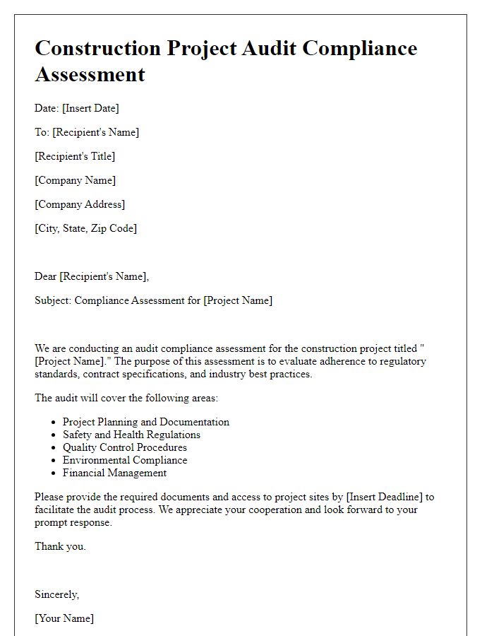 Letter template of construction project audit compliance assessment