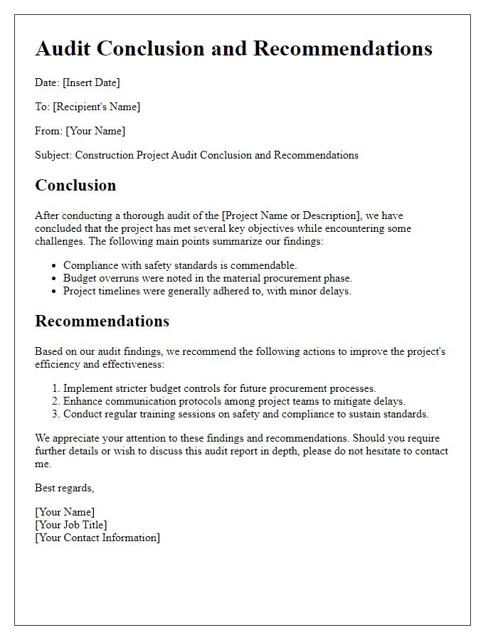 Letter template of construction project audit conclusion and recommendations