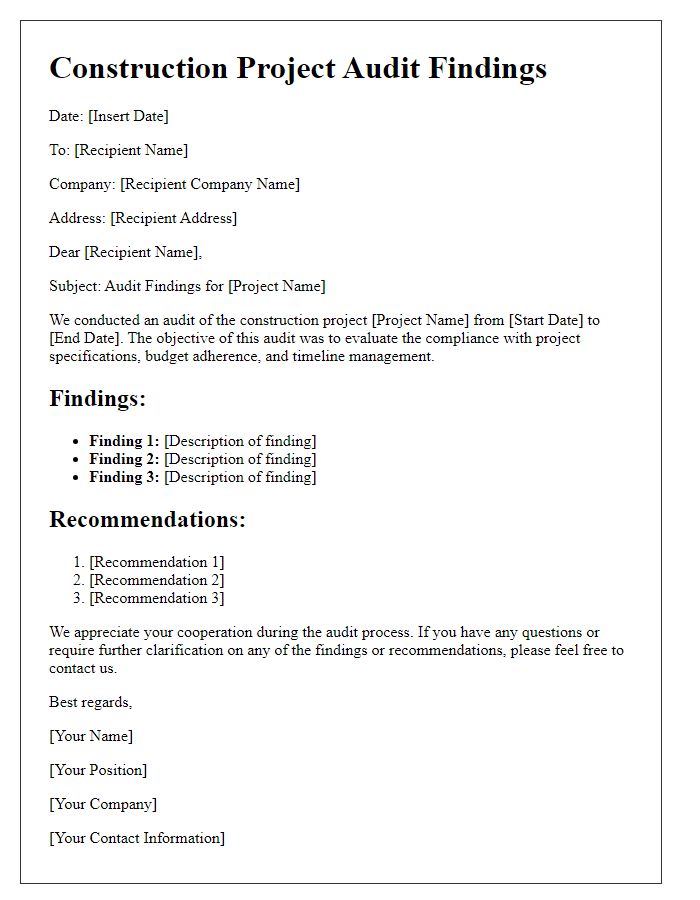 Letter template of construction project audit findings