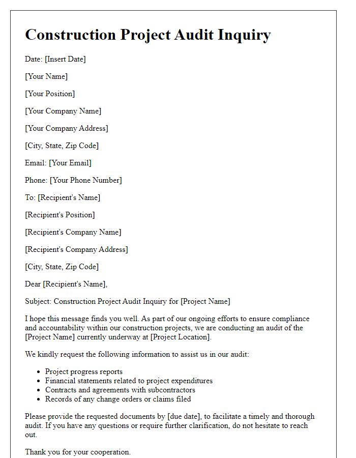Letter template of construction project audit inquiry