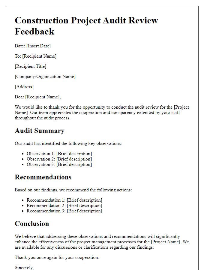 Letter template of construction project audit review feedback