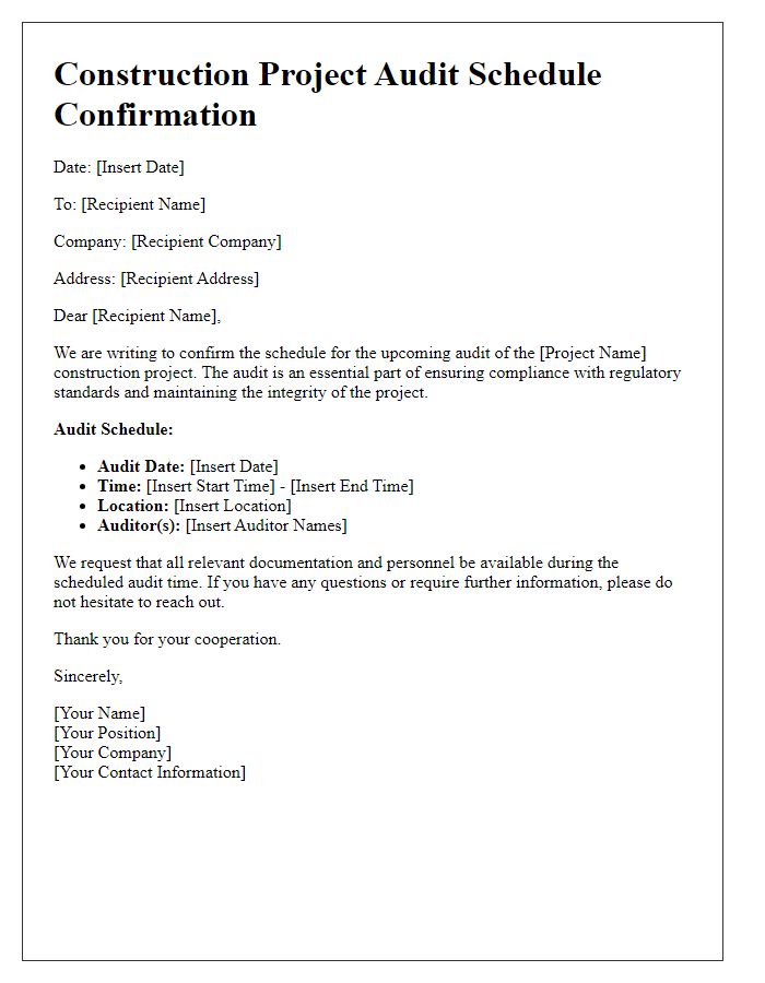 Letter template of construction project audit schedule confirmation
