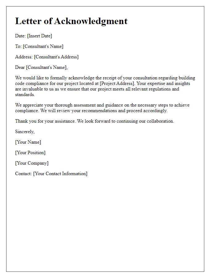 Letter template of acknowledgment for building code compliance consultation