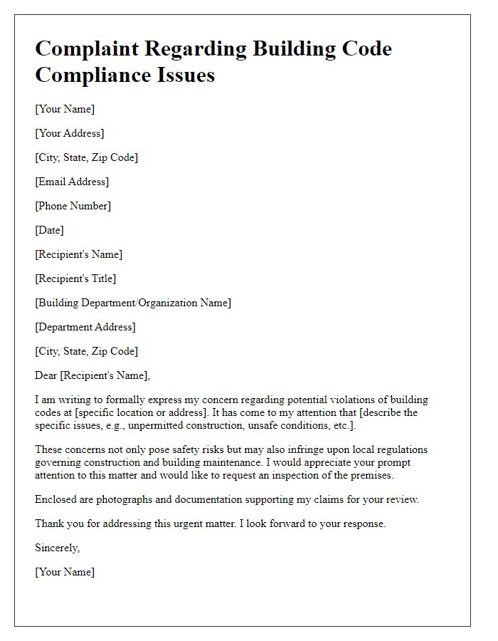 Letter template of complaint regarding building code compliance issues