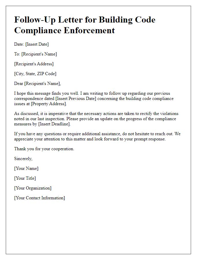 Letter template of follow-up for building code compliance enforcement