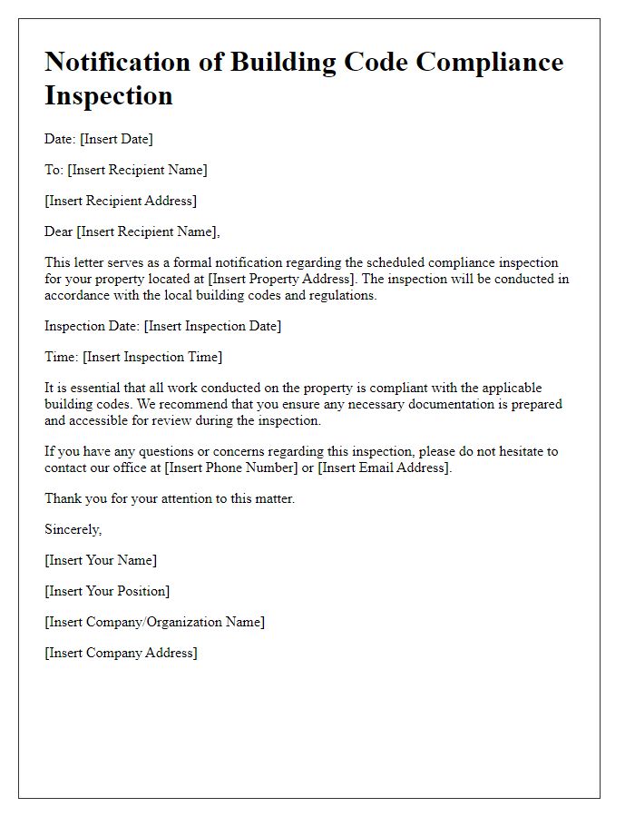 Letter template of notification for building code compliance inspection