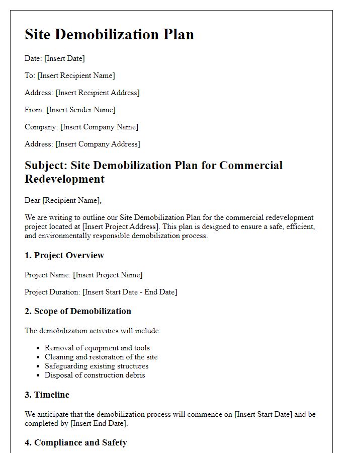 Letter template of Site Demobilization Plan for Commercial Redevelopment