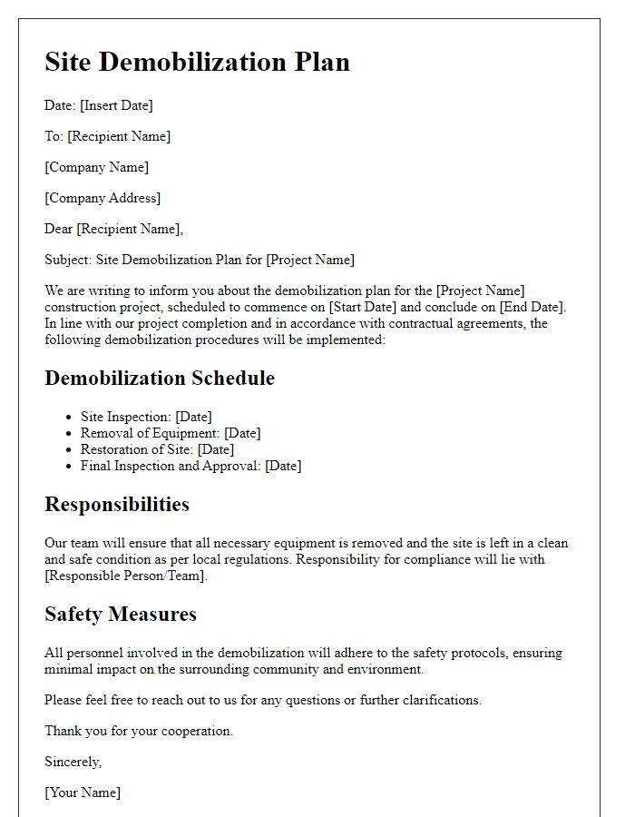 Letter template of Site Demobilization Plan for Construction Projects