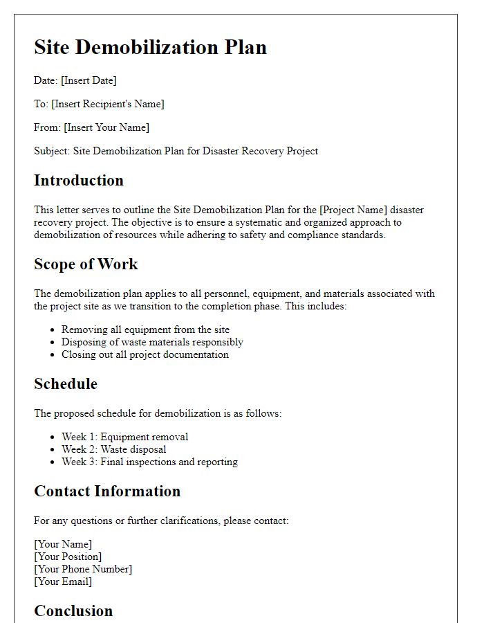 Letter template of Site Demobilization Plan for Disaster Recovery Projects