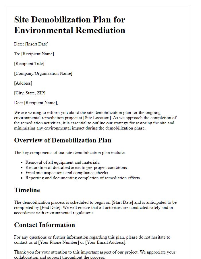 Letter template of Site Demobilization Plan for Environmental Remediation