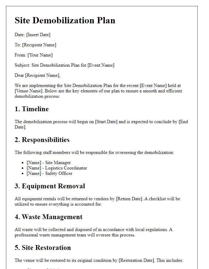 Letter template of Site Demobilization Plan for Event Venues