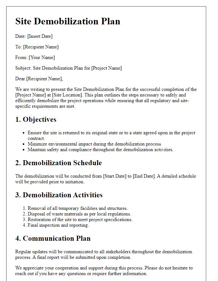 Letter template of Site Demobilization Plan for Industrial Facilities