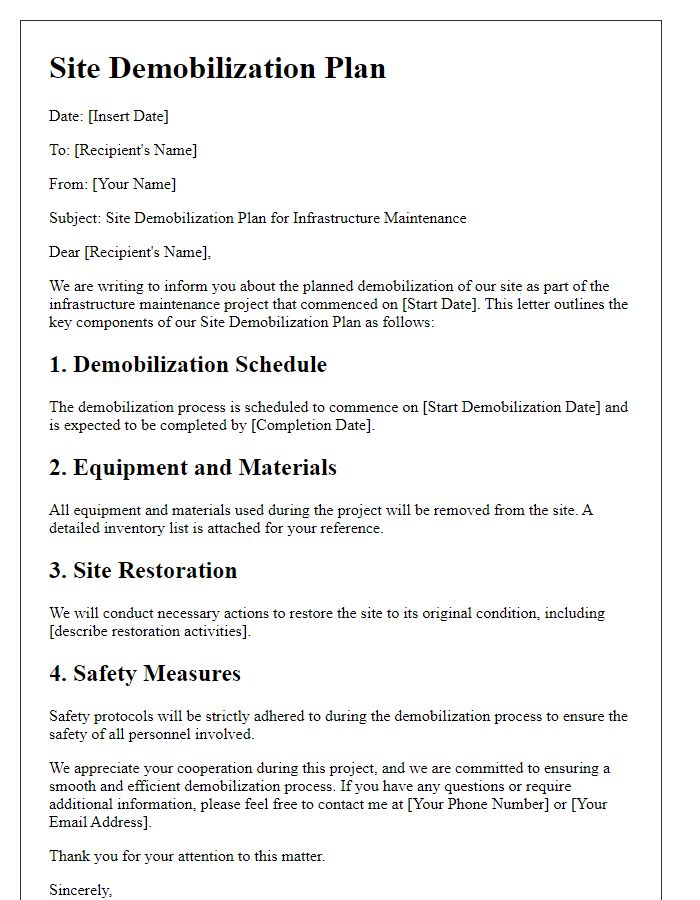 Letter template of Site Demobilization Plan for Infrastructure Maintenance