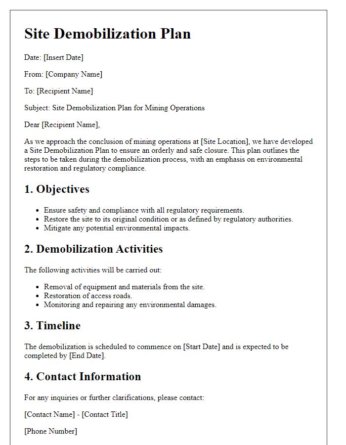 Letter template of Site Demobilization Plan for Mining Operations