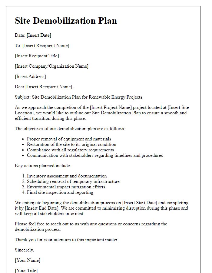 Letter template of Site Demobilization Plan for Renewable Energy Sites