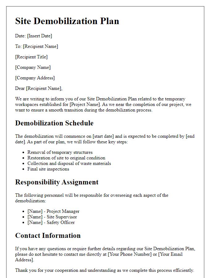 Letter template of Site Demobilization Plan for Temporary Workspaces