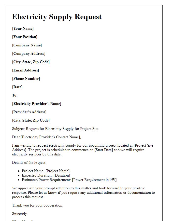 Letter template of electricity supply request for project site