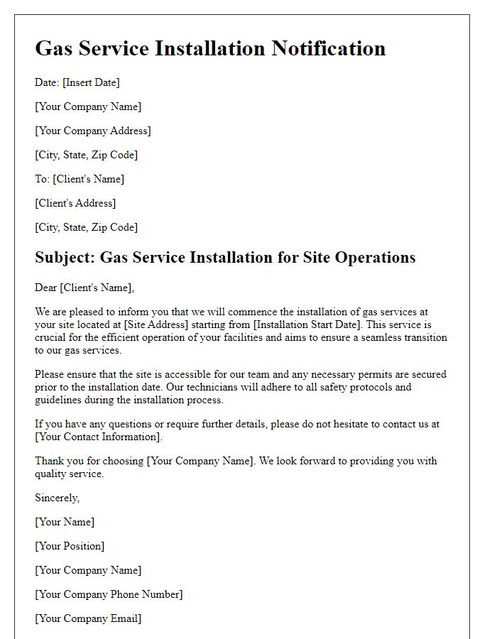 Letter template of gas service installation for site operations