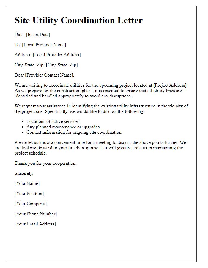 Letter template of site utility coordination with local providers