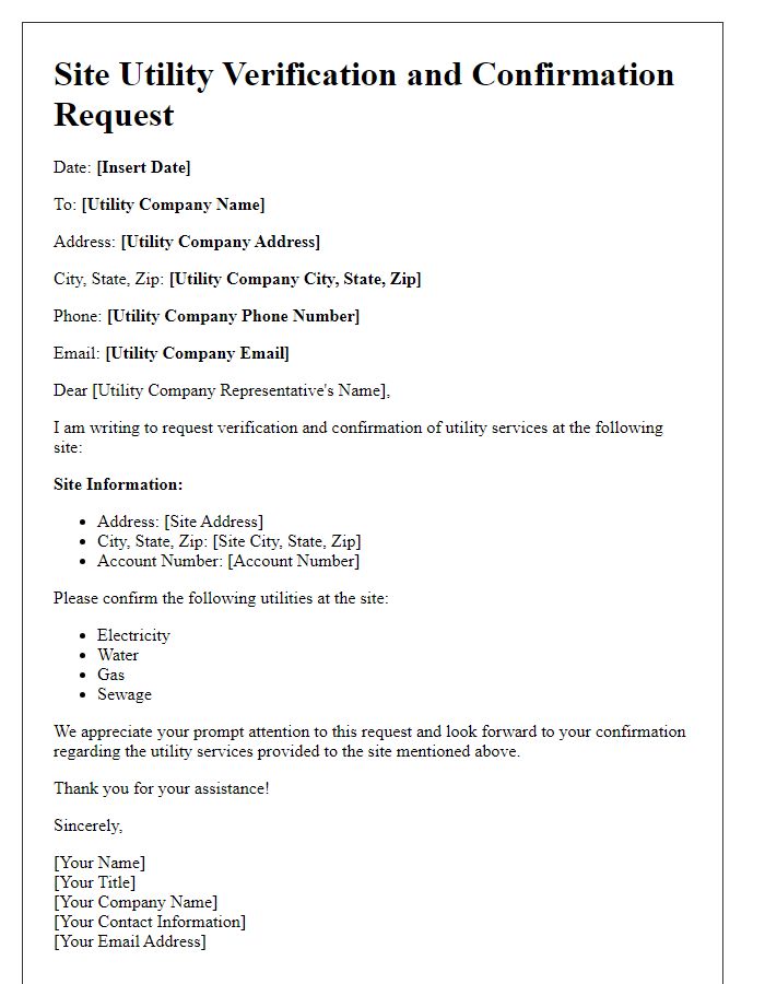 Letter template of site utility verification and confirmation request