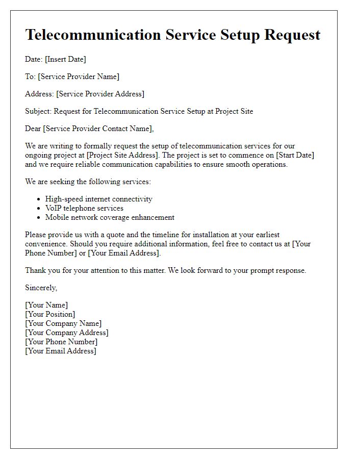 Letter template of telecommunication service setup for project site