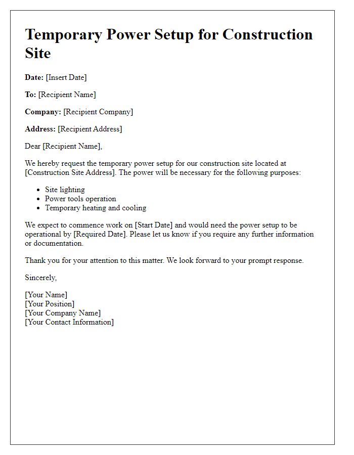 Letter template of temporary power setup for construction site