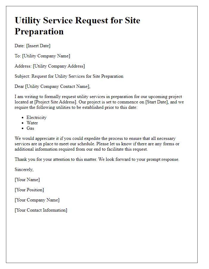 Letter template of utility service request for site preparation