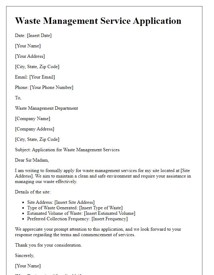 Letter template of waste management service application for site