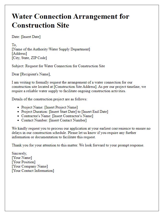 Letter template of water connection arrangement for construction site