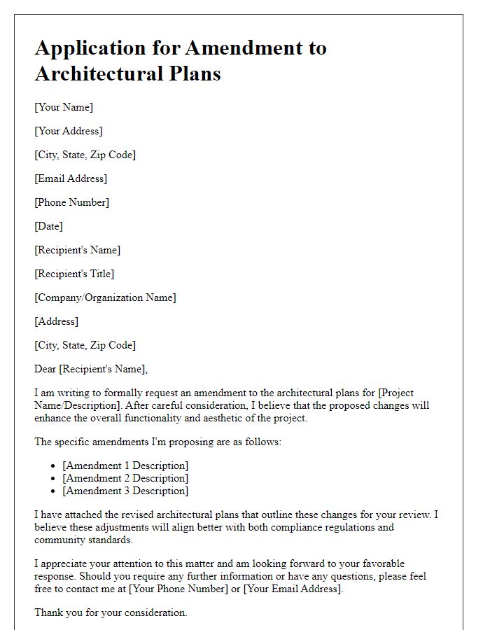 Letter template of application for amendment to architectural plans