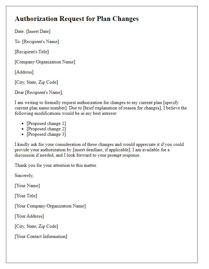 Letter template of authorization request for plan changes