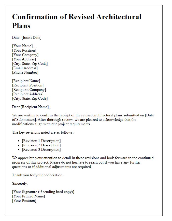 Letter template of confirmation for revised architectural plans