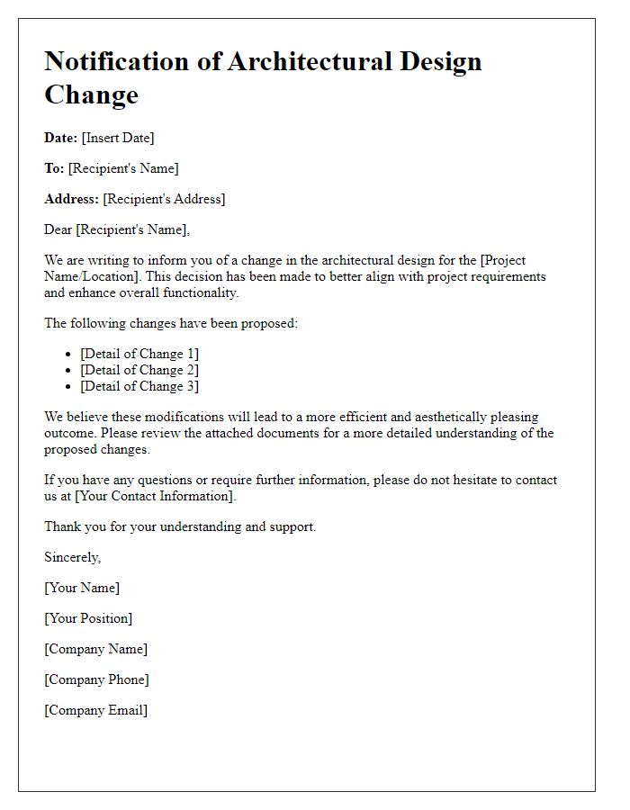 Letter template of notification for architectural design change