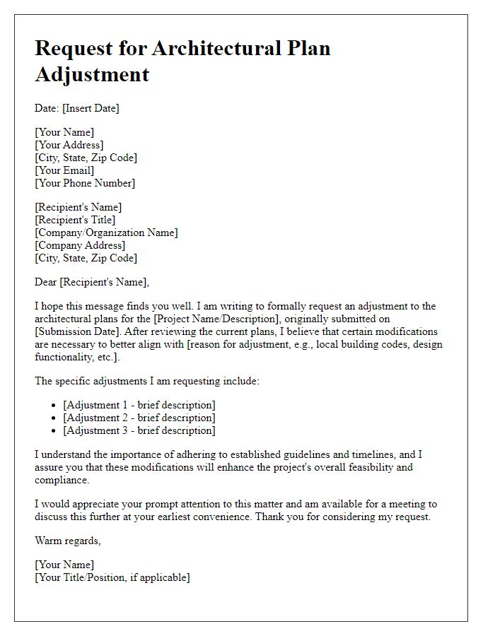 Letter template of request for architectural plan adjustment