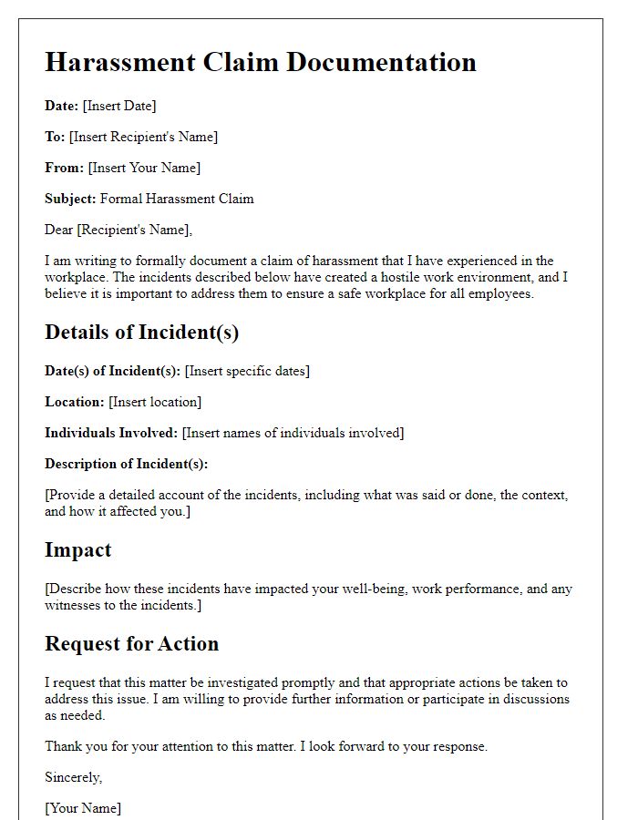 Letter template of documentation for harassment claim in the workplace