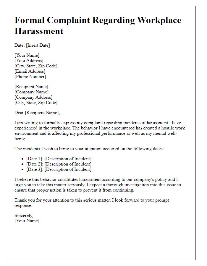 Letter template of formal complaint regarding workplace harassment