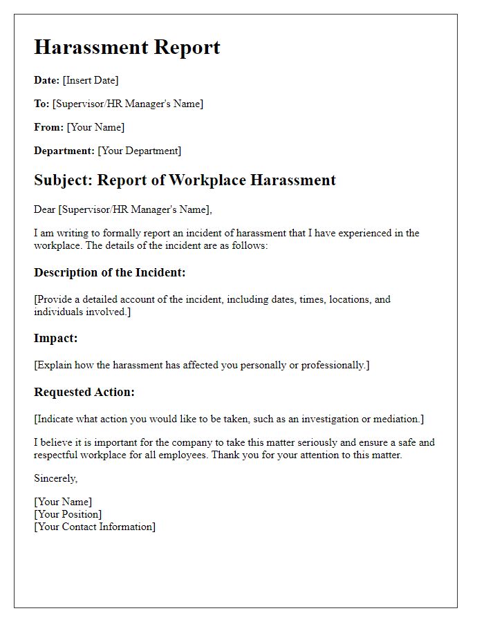 Letter template of harassment report in the workplace