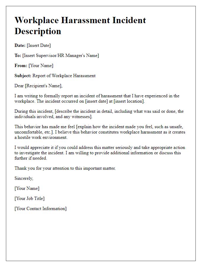 Letter template of incident description for workplace harassment complaint