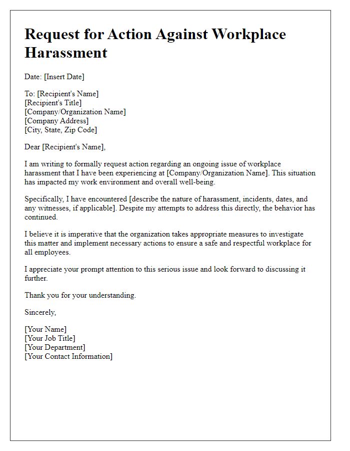 Letter template of request for action against workplace harassment