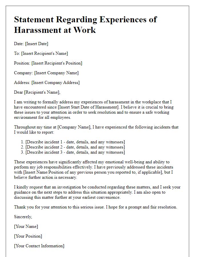 Letter template of statement regarding experiences of harassment at work