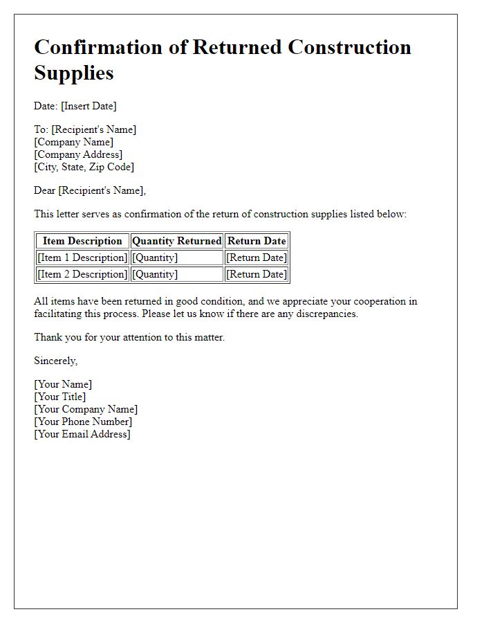 Letter template of confirmation of returned construction supplies.