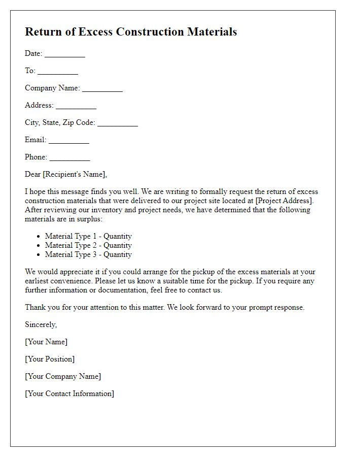 Letter template of documentation for the return of excess construction materials.