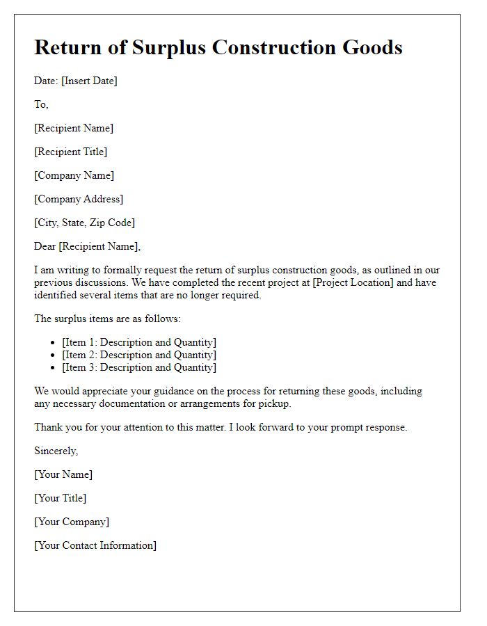 Letter template of formal return of surplus construction goods.